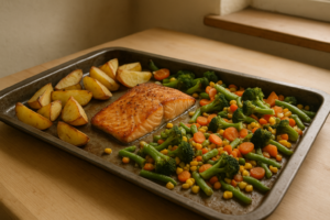 Zalm met geroosterde aardappeltjes en groenten op een bakplaat