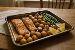 Zalm met aardappeltjes en sperziebonen uit de oven op een bakplaat