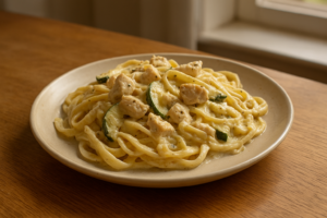 Bord kippasta met courgette in romige saus met oregano