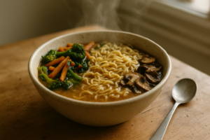 Kom vegetarische ramen met miso, noedels en groenten