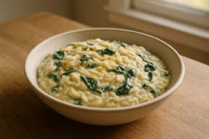 Bord romige orzo met spinazie en citroen