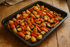 Vegetarische traybake met aardappel en geroosterde groente op bakplaat