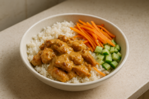 Kip saté bowl met pindasaus, rijst, wortel en komkommer in een kom