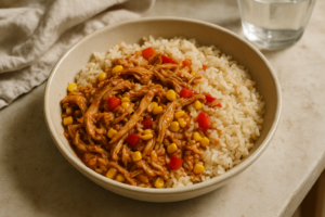 Pulled chicken bowl met maïs, paprika en rijst in een kom op tafel