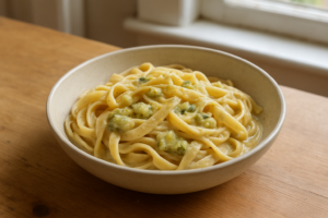 Pasta met romige courgettesaus en citroen in een kom met lichte saus
