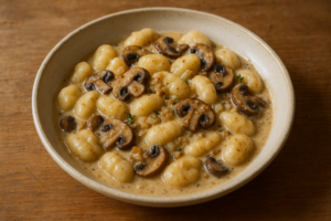 Romige gnocchi met champignons en tijm op een bord met lichte saus