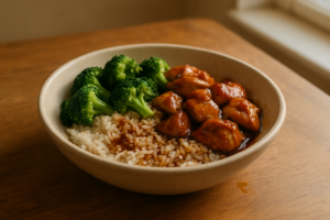 Kip teriyaki bowl met rijst en broccoli in een kom met glanzende saus