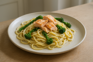 Bord romige citroenpasta met zalm en aspergebroccoli