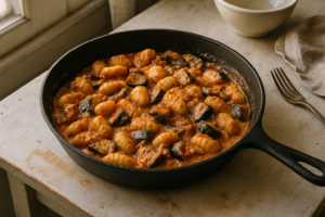 Gnocchi met romige tomatensaus en aubergine in een pan