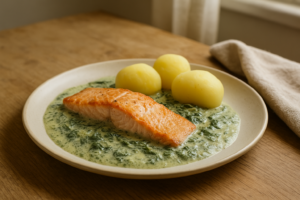 Zalm met romige spinaziesaus en aardappelen op een bord