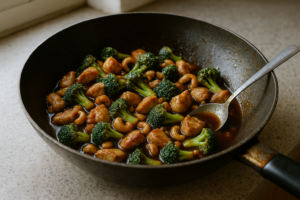 Kip broccoli cashew roerbak met sojasaus en cashewnoten in een wok
