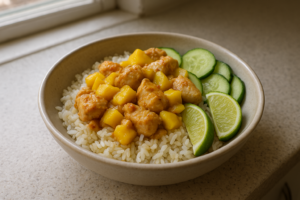 Kip mango bowl met rijst, mango, komkommer en limoen in een kom