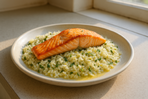 Zalm met kruidenrijst en citroenboter op een bord met verse kruiden