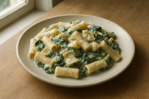 Romige pasta met artisjok en spinazie op een bord