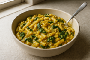 Romige curry pasta met spinazie in een kom met zachte saus