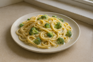 Romige pasta met broccoli en citroen op een bord