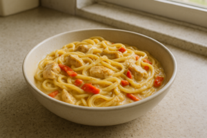 Romige pasta met kip en paprika in een kom, vers geserveerd