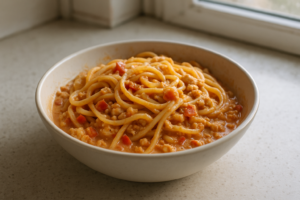 Pasta met romige paprikasaus en kipgehakt in een kom