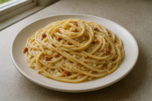 Kom romige pasta carbonara zonder zuivel met plantaardige speck