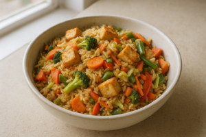 Vegetarische nasi met tofu en groenten in een kom, vers gebakken en kleurrijk