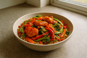 Bowl met kip sweet chili, roerbakgroenten en rijst