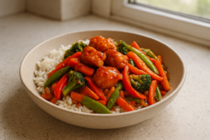 Bowl met kip sweet chili, roerbakgroenten en rijst