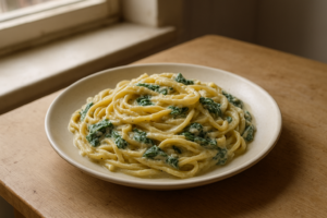 Bord pasta met romige spinaziesaus en citroen