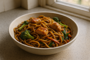 Bowl met kip teriyaki, noedels en roerbakgroenten in glanzende saus