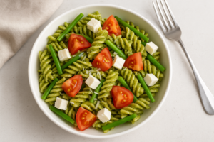 Pasta pesto met sperziebonen