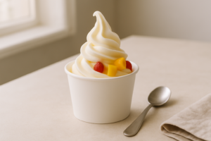 Klein bakje frozen yoghurt met wat fruit op een lichte keukentafel
