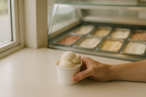 Hand met een klein bakje gelato op een lichte toonbank in een ijssalon