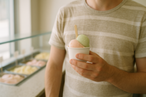 Persoon houdt een klein bakje gelato vast in een lichte ijssalon