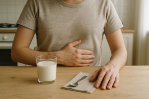 Persoon met een hand op de buik naast een glas koemelk op een lichte keukentafel