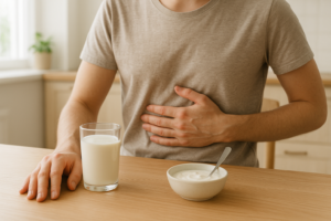 Persoon aan keukentafel met glas melk en hand op buik bij lichte buikklachten
