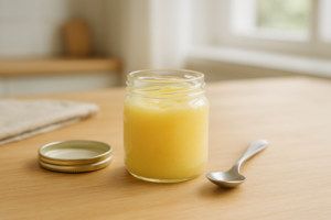 Close-up van een open pot ghee op een lichte keukentafel met een theelepel ernaast