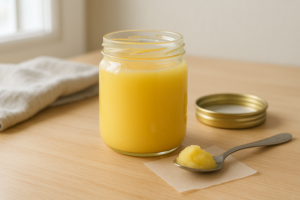 Close-up van een open pot ghee met een lepel en een klein klontje ghee op bakpapier op een lichte keukentafel