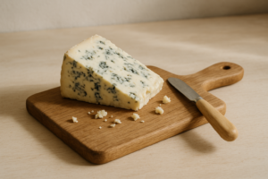 Wig gorgonzola op een houten plankje op een lichte keukentafel