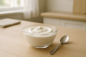 Kommetje dikke Griekse yoghurt op een lichte keukentafel met lepel ernaast