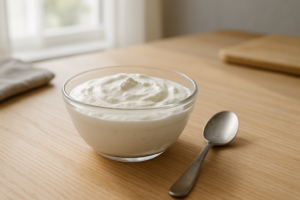 Kommetje Griekse yoghurt op een lichte keukentafel in daglicht