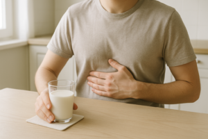 Persoon met lichte refluxklachten zit aan tafel met een glas melk op de achtergrond