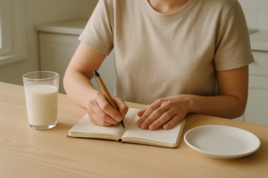 Persoon die aan een keukentafel een klachtenlogboek invult naast een glas melk