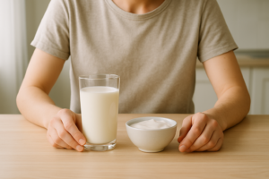 Persoon bekijkt rustig een glas melk op een lichte keukentafel