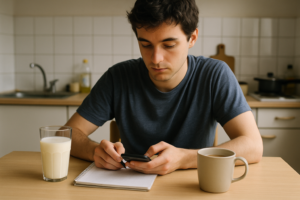 Student aan tafel met glas melk en notitie, twijfelend over koemelk-intolerantie