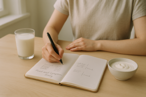 Volwassene houdt een eenvoudig klachtenlogboek bij aan een keukentafel naast een glas melk en een schaaltje yoghurt