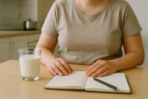 Persoon houdt een eenvoudig klachtenlogboek bij naast een glas melk op een lichte keukentafel