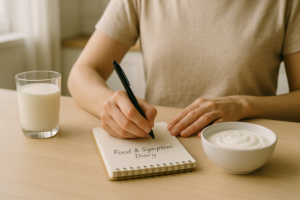 Persoon houdt een eenvoudig klachtenlogboek bij naast een glas melk op een lichte keukentafel