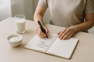 Persoon houdt een eenvoudig klachtenlogboek bij aan een keukentafel naast een glas melk en een schaaltje yoghurt