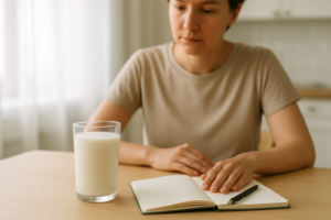 Persoon die aan een keukentafel een glas melk en een eenvoudig klachtenlogboek bekijkt