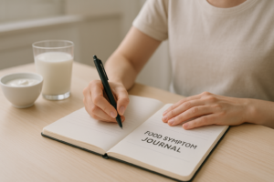 Persoon houdt een eenvoudig klachtenlogboek bij aan een keukentafel naast een glas melk
