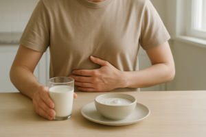 Persoon met lichte buikklachten zit aan tafel met een glas melk en schaaltje yoghurt